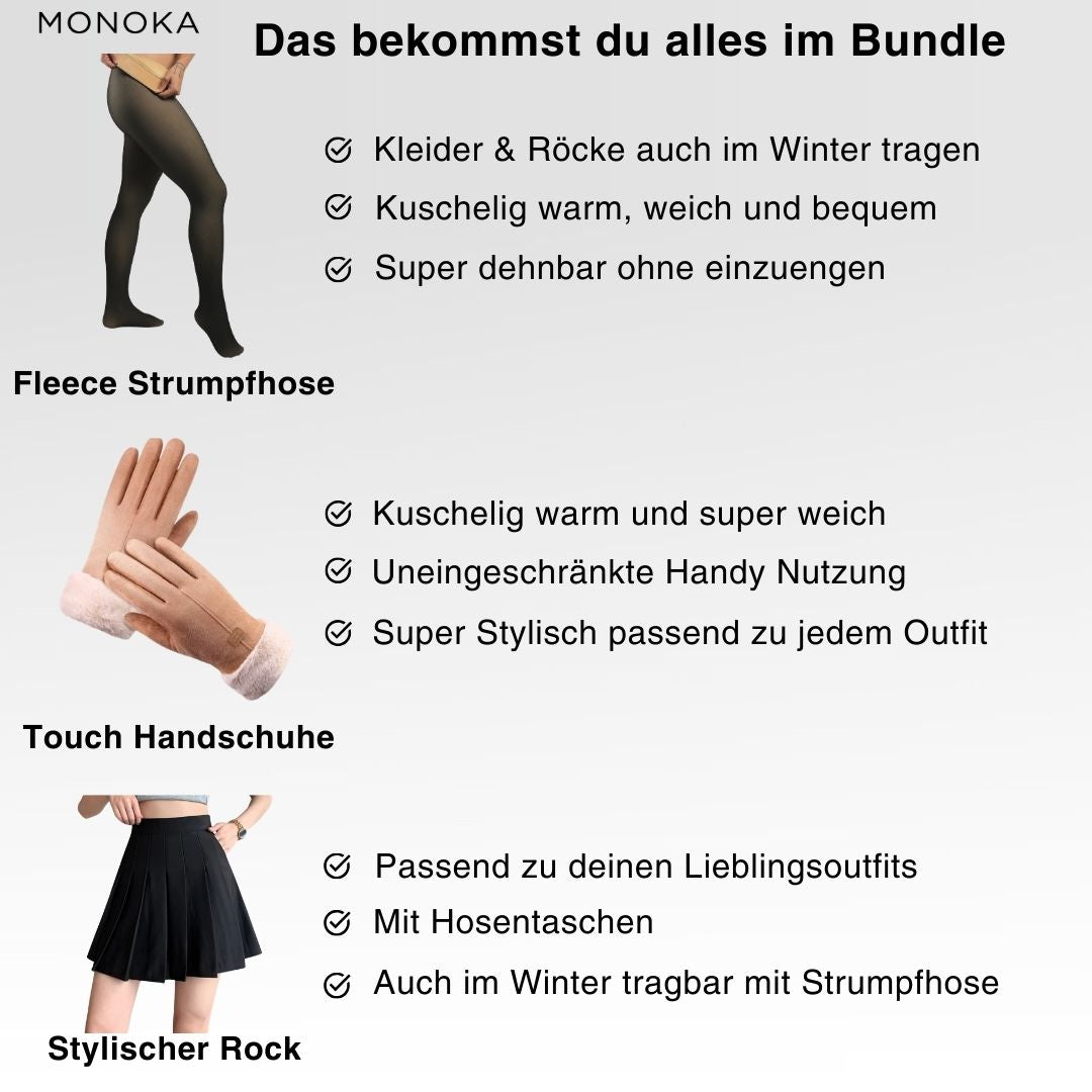 Fashion Bundle™ - Thermo Strumpfhose, Moderner Rock + Gratis Fleece Handschuhe mit Touch - Monoka